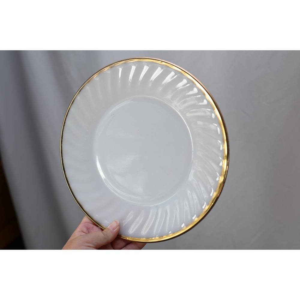 Vintage Fire King Milk Glass Swirl Dinner Plate Gold Rim 9.25 Inch White